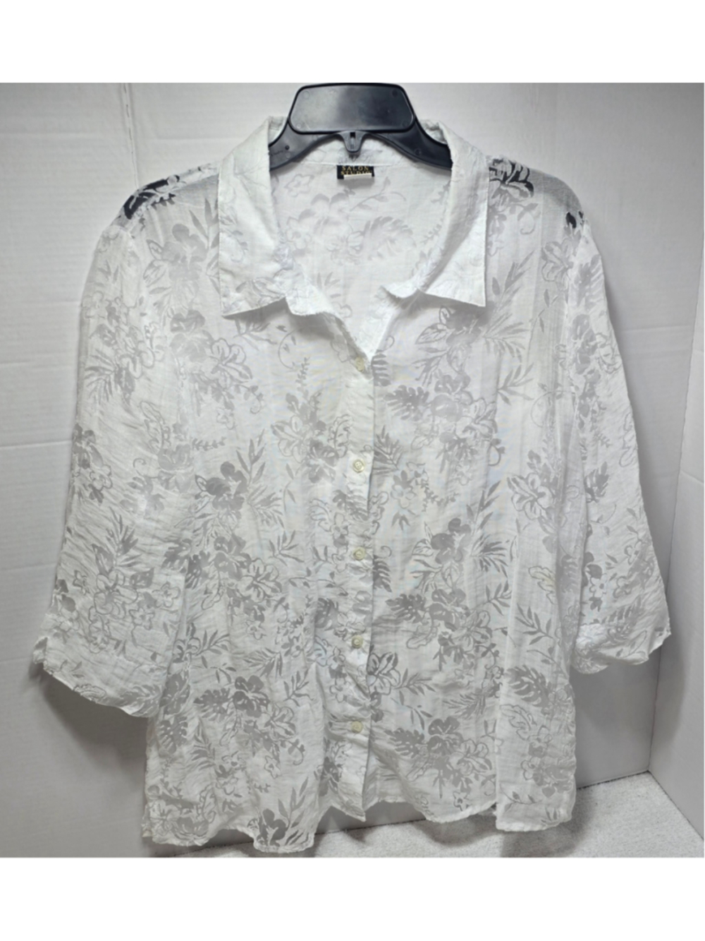 Women's Salon Studio Button Down Shirt XL White Floral Sheer
